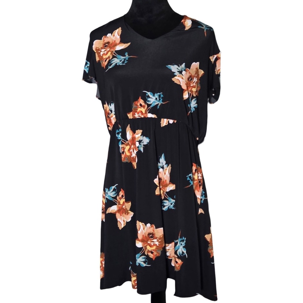 Maurices Black Floral Midi Dress Womens XXL Tie Back Open Back Boho Short Sleeve